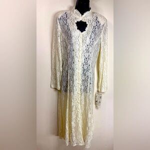 (T6) Dawn Joy Vintage 80s Prairie Bridal Embroidered Keyhole Lace Midi Dress, 18